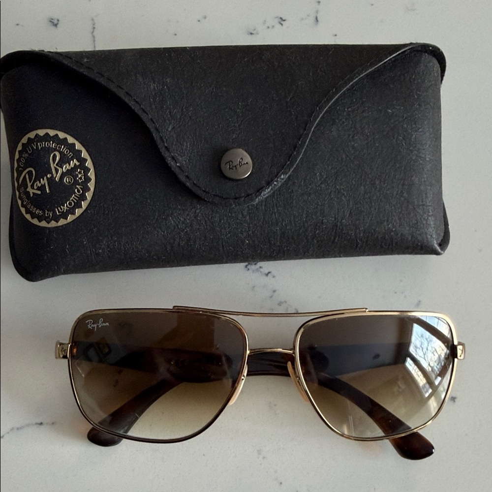Ray-Ban RB3483 square metal sunglasses in a gold frame with brown gradient